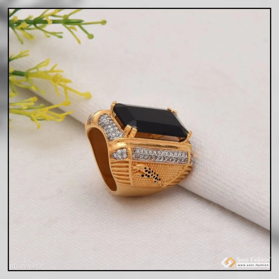 1 Gram Gold Forming Black Colour Jaguar with Diamond Delicate Design Ring - Style A953