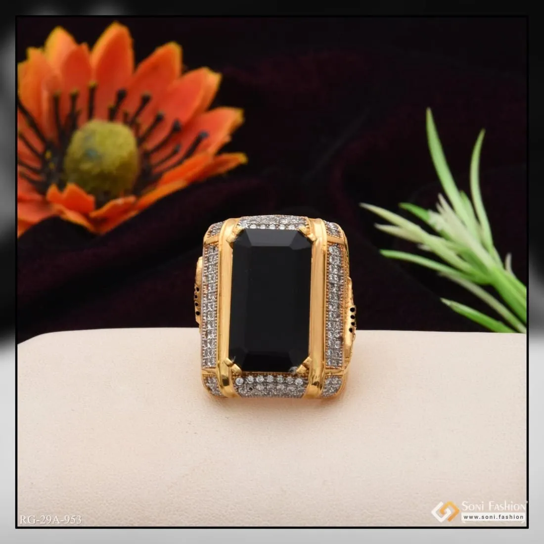 1 Gram Gold Forming Black Colour Jaguar with Diamond Delicate Design Ring - Style A953