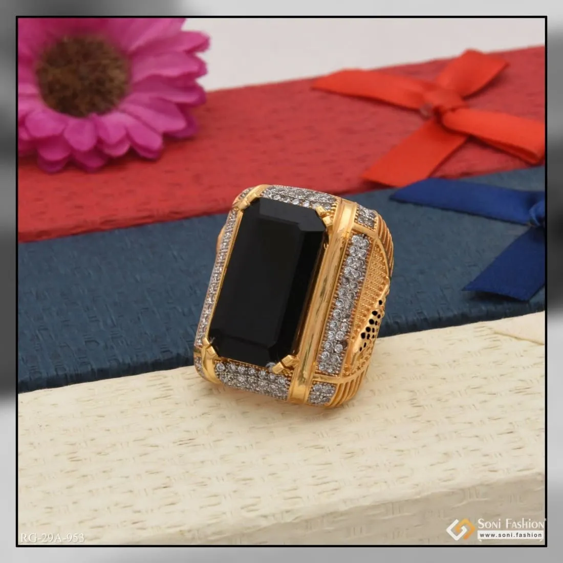 1 Gram Gold Forming Black Colour Jaguar with Diamond Delicate Design Ring - Style A953