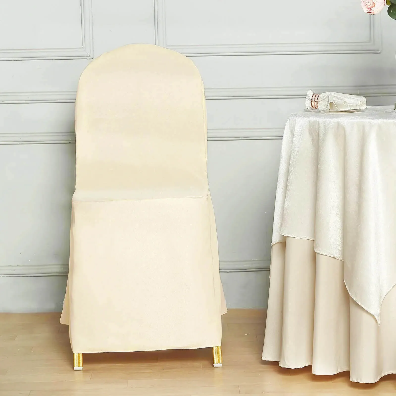 10 Pack Beige Polyester Banquet Chair Covers, Reusable Stain Resistant Slip On Chair Covers