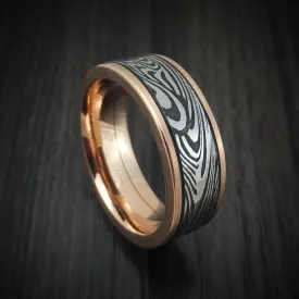 14K Gold and Sunset Kuro Damascus Steel Men's Ring Custom Made