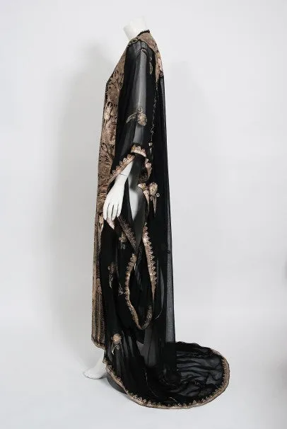 1930's Middle Eastern Couture Metallic Gold Embroidered Black Chiffon Caftan