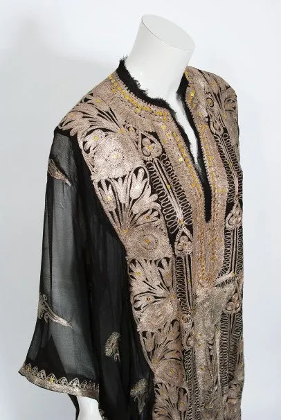 1930's Middle Eastern Couture Metallic Gold Embroidered Black Chiffon Caftan