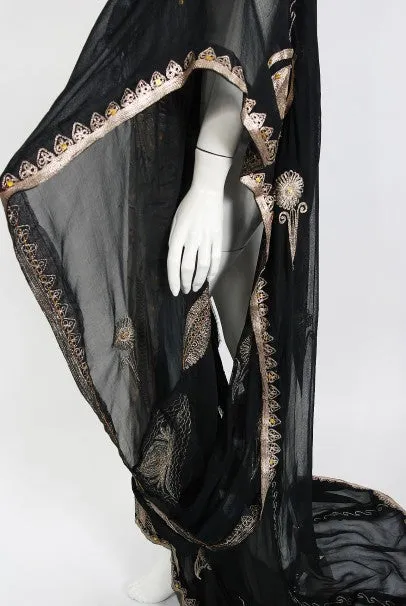 1930's Middle Eastern Couture Metallic Gold Embroidered Black Chiffon Caftan