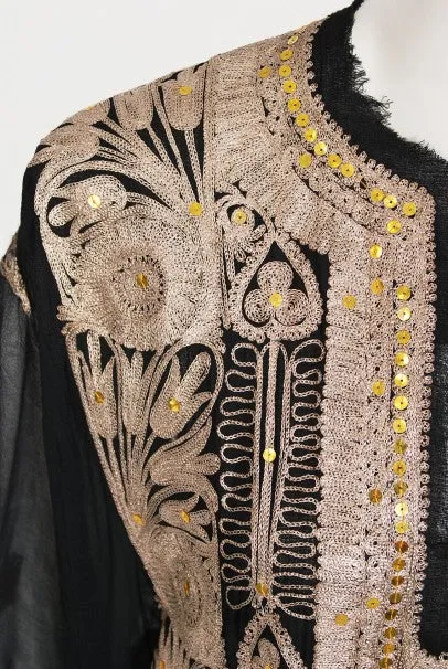 1930's Middle Eastern Couture Metallic Gold Embroidered Black Chiffon Caftan