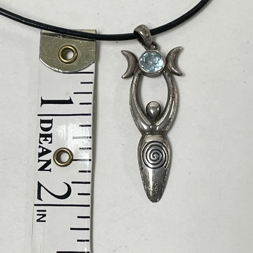 925 Sterling Silver Greek Goddess Gaia Pendant W/ Blue Topaz Stone W/ Black Cord