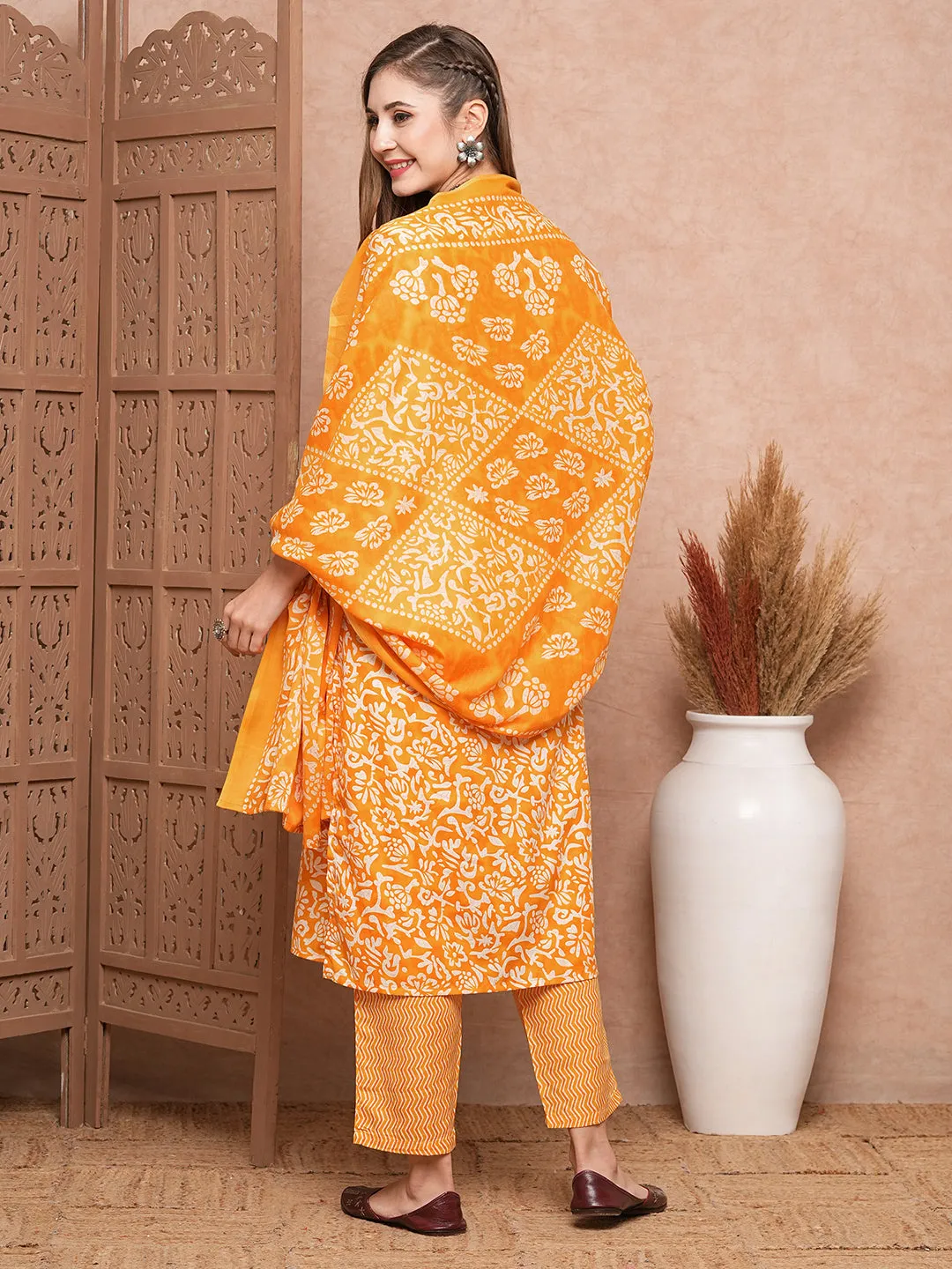 Abstract Printed Mirror & Sequins Embroidered Kurta with Pants & Dupatta - Mustard