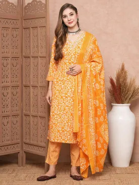 Abstract Printed Mirror & Sequins Embroidered Kurta with Pants & Dupatta - Mustard