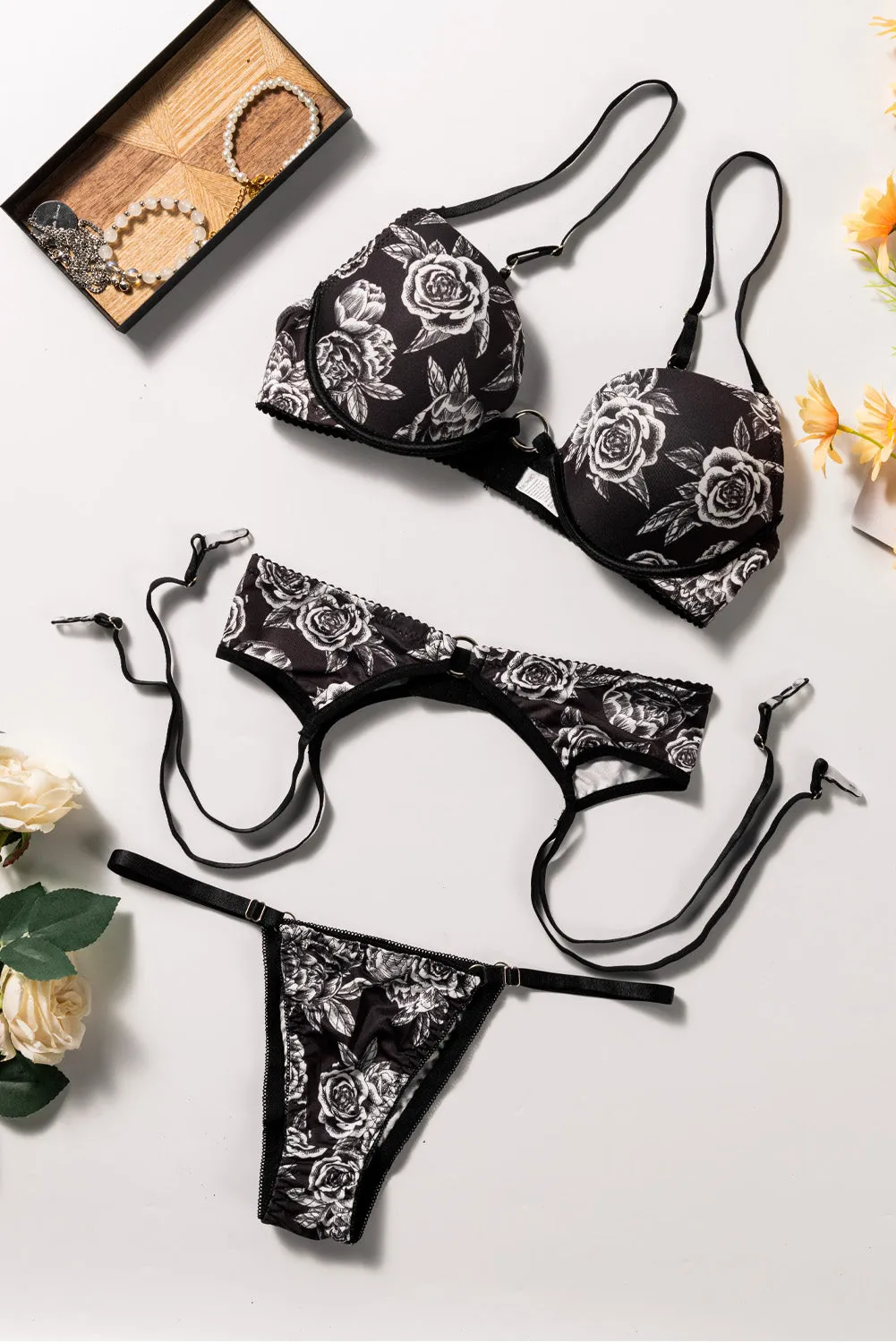 Black Floral Print Underwire Garter Lingerie Set