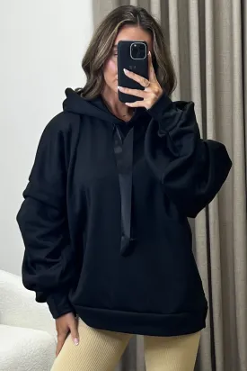 Carlee Black Ruched Sleeve Satin Drawstring Hoodie