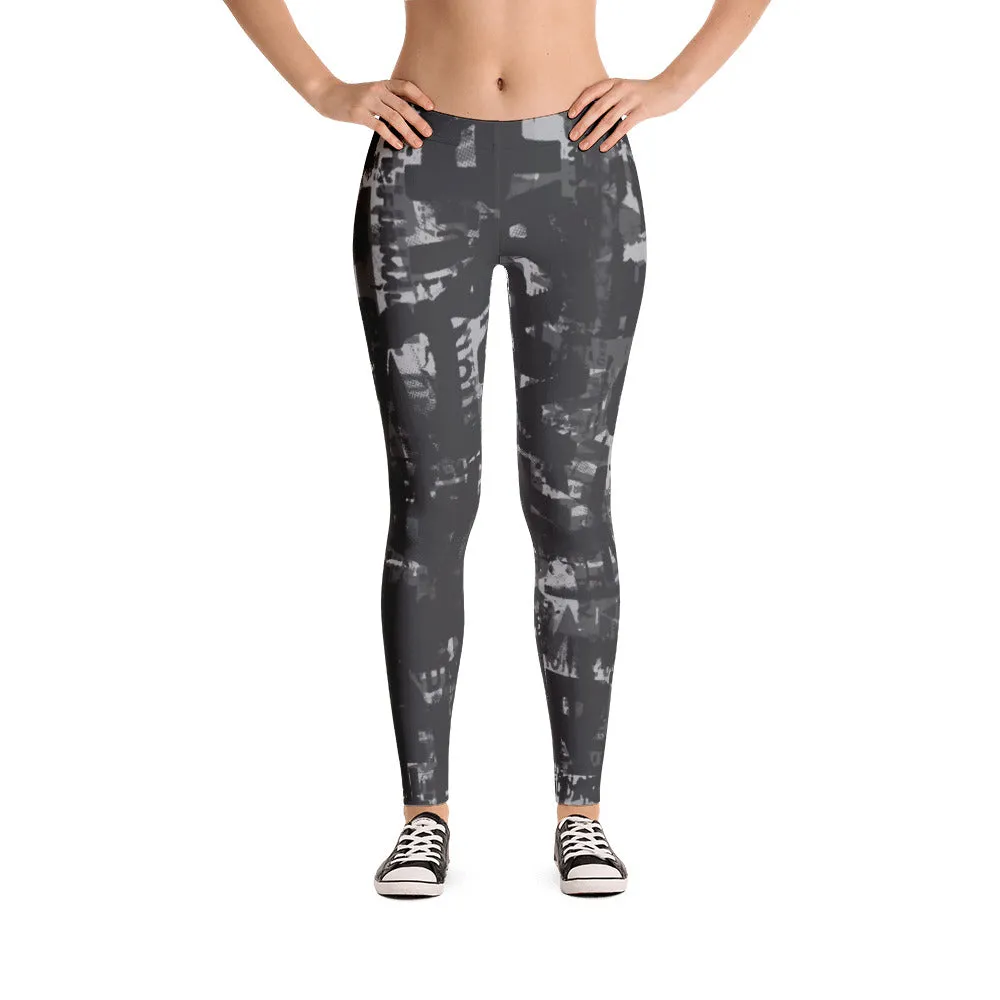 Charcoal Gray and Black Grunge Print Leggings by Grafik Girl