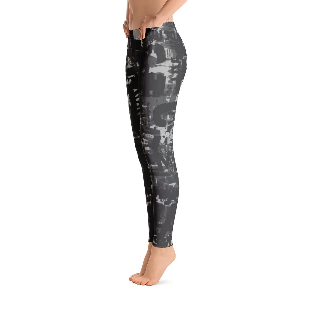 Charcoal Gray and Black Grunge Print Leggings by Grafik Girl