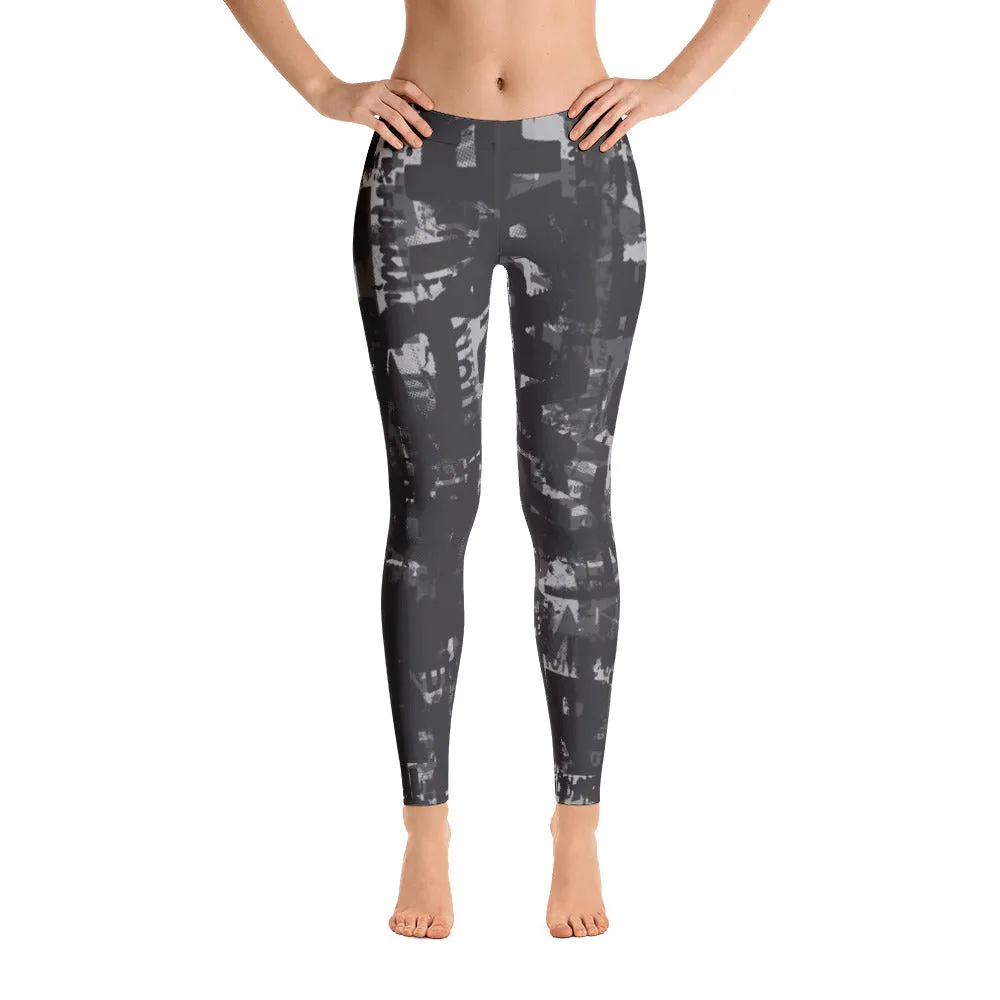 Charcoal Gray and Black Grunge Print Leggings by Grafik Girl