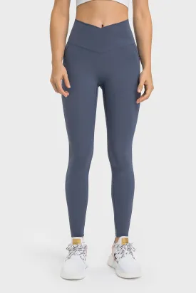 Cross Waistband Compression Leggings with Side Pockets