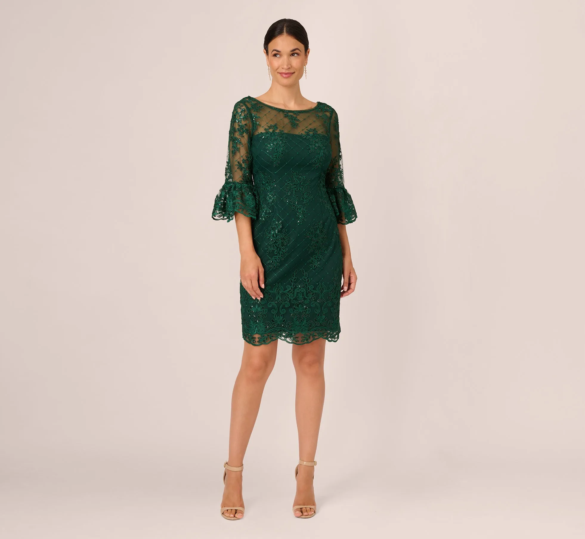 Embroidered Sequin Dress With Sheer Bell Sleeves In Deep Forest