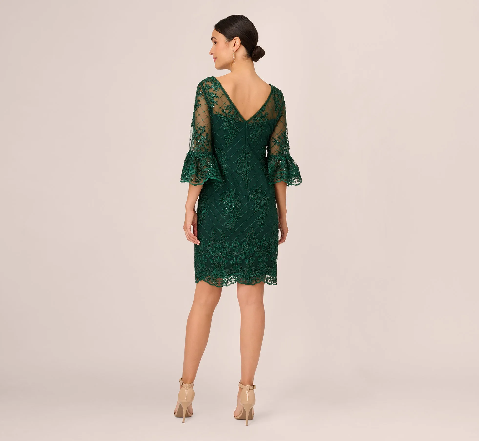 Embroidered Sequin Dress With Sheer Bell Sleeves In Deep Forest