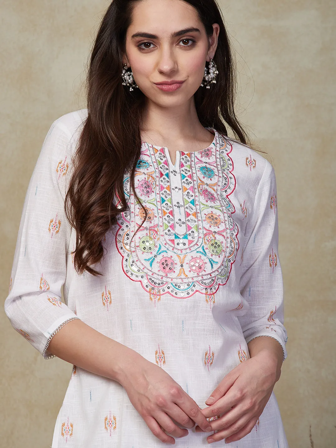 Ethnic Embroidered Straight Fit Kurta with Pant - White