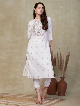 Ethnic Embroidered Straight Fit Kurta with Pant - White