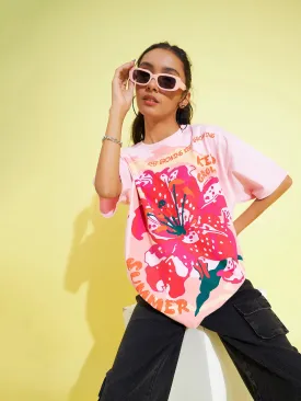 Girls Pink Floral Print Oversized T-Shirt