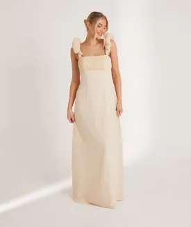 Pleated Statement Shoulder Chiffon Bridesmaid Dress - Vintage Cream