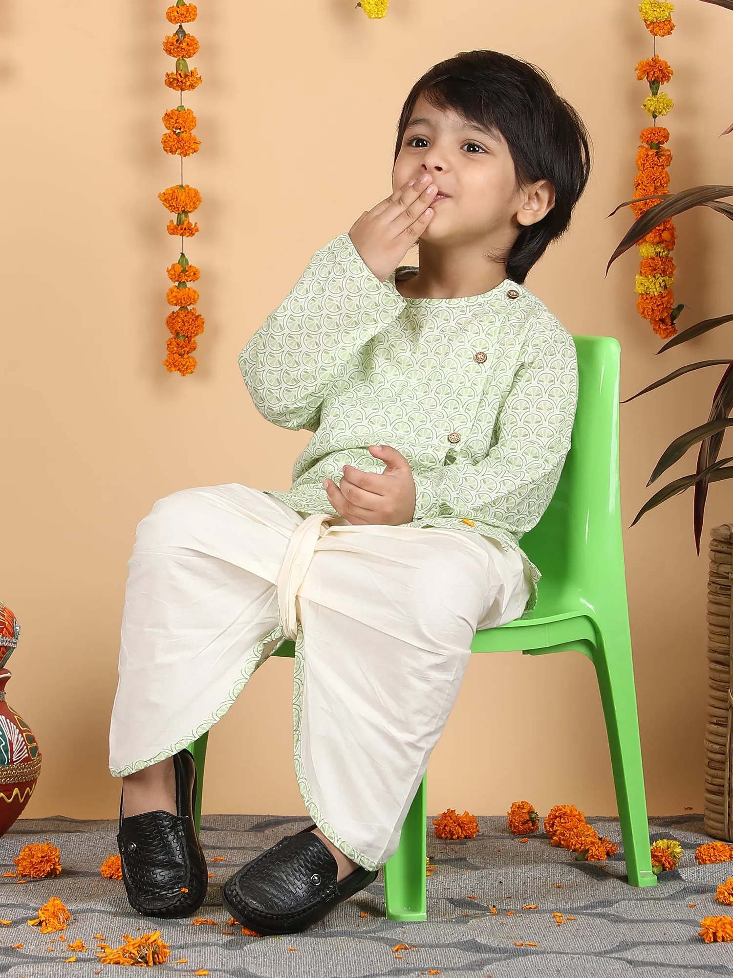 Polka Tots Full Sleeve Angrakha With Dhoti - Green