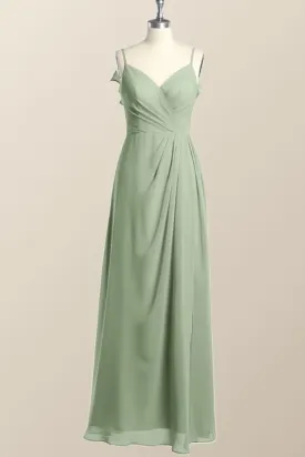 Straps Sage Green Chiffon Long Bridesmaid Dress with Open Back