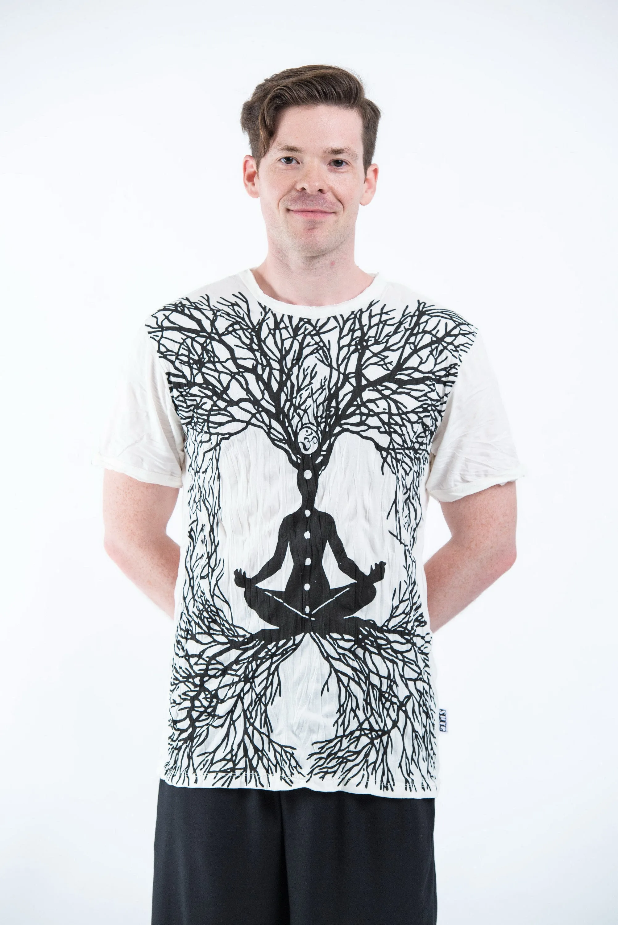 Sure Design Mens Ohm Meditation Tree T-Shirt White